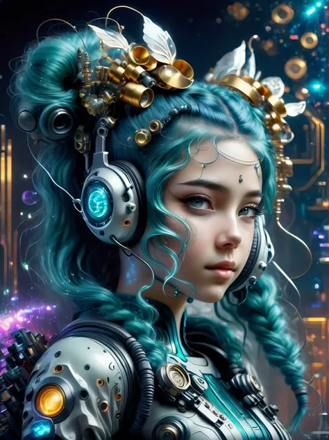 (A young woman with teal blue hair styled in twin pigtails:1.5), She is wearing a futuristic outfit comprised of an electronic-themed dress. Her headband consists of a square design emblem with ribbons dangling from it. The color palette includes shades of...