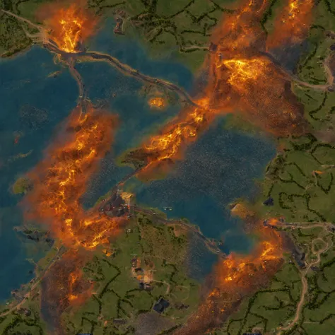 details, exquisite, small world map(details)​, fantasy, land of fire,fire, burn the fire, โลกfantasy, sea, giant volcano,