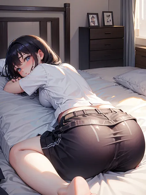 bed、Lying down、Backwards、((Push up your ass))、Big butt、Embarrassed face、((1 person))