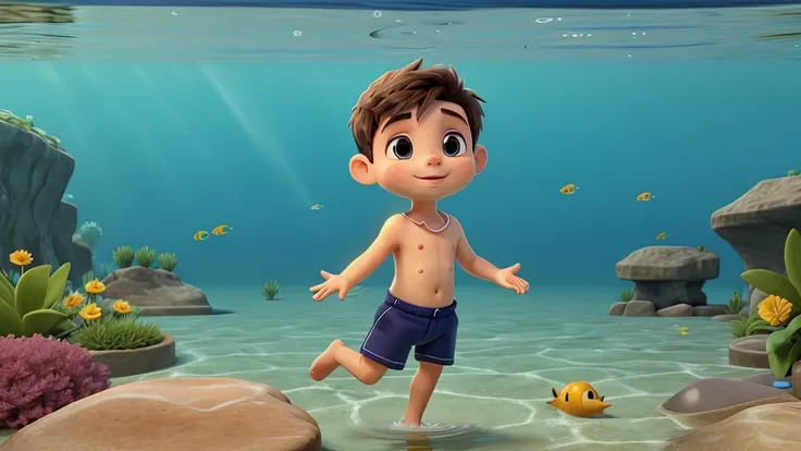 the little boy is swimming