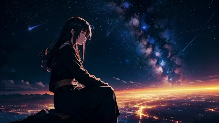 Anime Starry Sky,Dark Background,Sitting Girl, A thoughtful and beautiful view of the stars,Mysterious,Beautiful Landscape,Breathtakingly beautiful,Feeling the beat through images,The scale of the painting is fascinating, 4K Wallpaper Images.