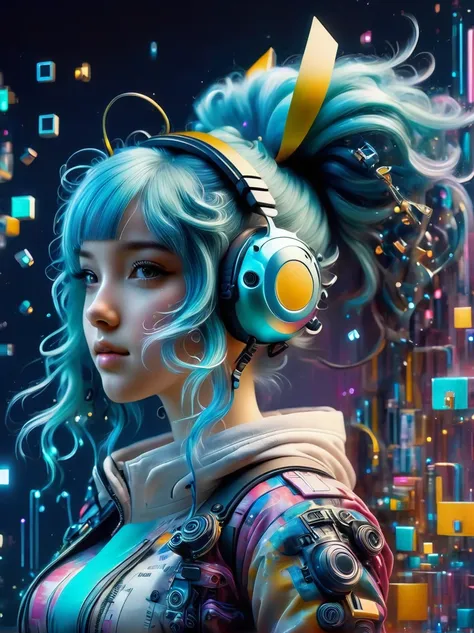 (A young woman with cyan hair in double ponytails:1.5)，She is wearing a futuristic outfit，Consists of an electronic-themed dress。Her headband consists of a square-shaped emblem.，Hanging ribbons。The color palette includes cyan、black and white，The overall to...