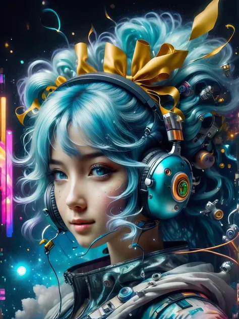 (A young woman with cyan hair in double ponytails:1.5)，She is wearing a futuristic outfit，Consists of an electronic-themed dress。Her headband consists of a square-shaped emblem.，Hanging ribbons。The color palette includes cyan、black and white，The overall to...