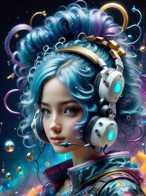 (A young woman with cyan hair in double ponytails:1.5)，She is wearing a futuristic outfit，Consists of an electronic-themed dress。Her headband consists of a square-shaped emblem.，Hanging ribbons。The color palette includes cyan、black and white，The overall to...