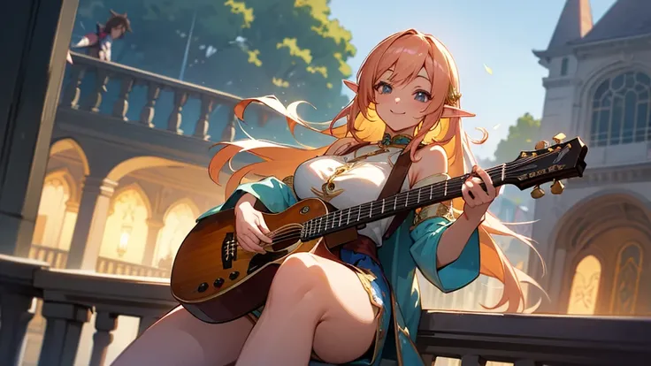 Anime Style,evening,Detailed background,Magical World,A lively balcony with many people,Smiling bard beautiful elf girl,guitar,Large Breasts,Healthy thighs,Underarm