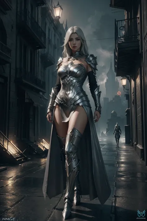 concept art (digital artwork:1.3) of (simple illustration:1.3) a woman in a silver and white costume standing in a city, from li...