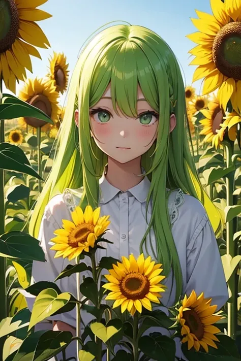 girl、Yellow-green hair、Long Hair、Yellow-green eyes、sunflower、Chubby