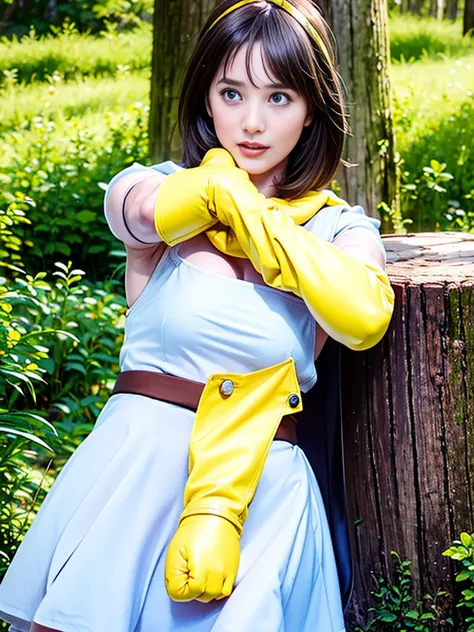 sage_(dq3), 1girl, 
(the vast grasslands), 
(sitting on a stump), (spread legs show panties toward for the viewer), 
long hair, blue hair, normal breast, cleavage, bare shoulders, 
circlet, (yellow gloves:1.6), (white dress:1.6), (cape:1.6), (knee-high boo...