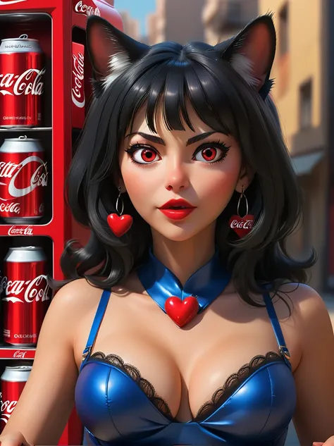 (1 mature woman beautiful detailed eyes, beautiful detailed lips, Alone, bra underneath dress, no cleavage, covered chest, shoulders covered, perfect anatomy, large red eyes, long black hair, cat ears, rendered eyes, detailed eyes, alluring, nice hands, pe...