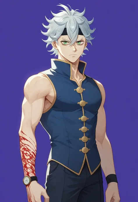 a 19 year old boy, to stay (black clover), spiky hair, messy hair, hair between eyes, white hair, green eyes, black headband,  t...