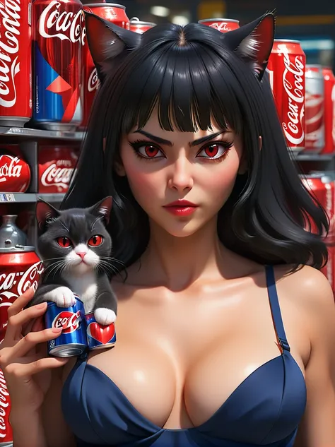 (1 mature woman beautiful detailed eyes, beautiful detailed lips, Alone, bra underneath dress, no cleavage, covered chest, shoulders covered, perfect anatomy, large red eyes, long black hair, cat ears, rendered eyes, detailed eyes, alluring, nice hands, pe...