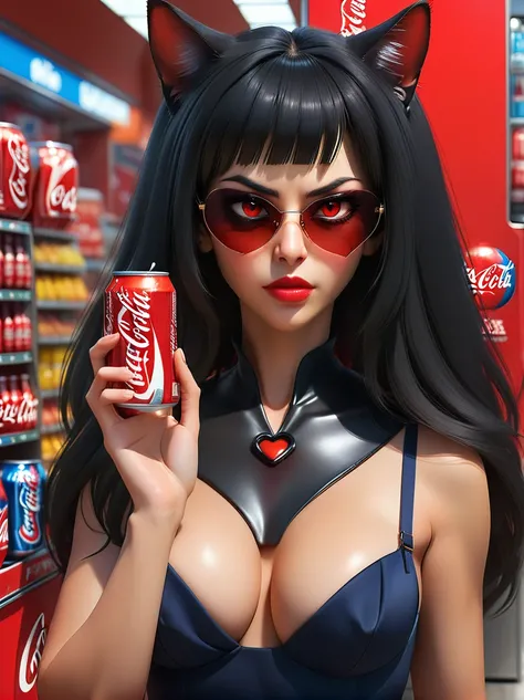 (1 mature woman beautiful detailed eyes, beautiful detailed lips, Alone, bra underneath dress, no cleavage, covered chest, shoulders covered, perfect anatomy, large red eyes, long black hair, cat ears, rendered eyes, detailed eyes, alluring, nice hands, pe...