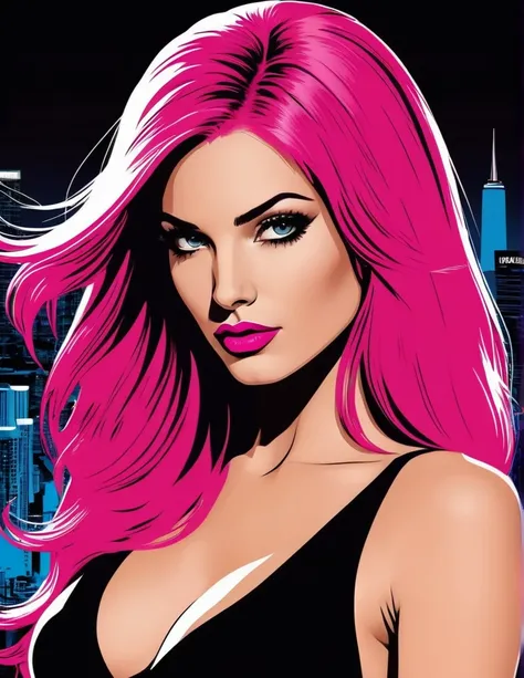 very attractive 25 year old girl with long very straight bright pink hair, (vector art), (ohwx woman), dressed as Nancy Callahan in Sin City, Frank Miller style, realistic, vectorized, vector art, full shot, Vector Cartoon Illustration