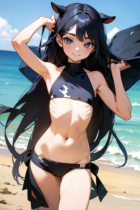 Perfect human body modeling, 1 girl, cute girl, pretty face, bitter smile, 12 years old, Beautiful black long hair, beautiful eyes, flat chest, small build, No muscles, white skin, Hot summer sun, Bikini with black cow print,