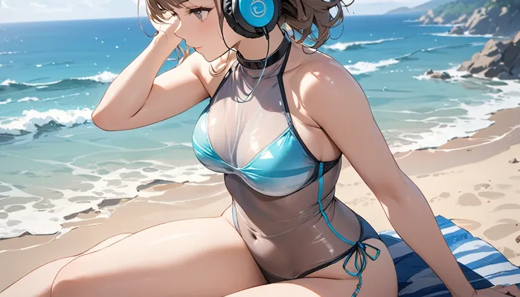 ((Top Quality)), ((Masterpiece)), ((Details)), perfect face, perfect body, sitting on the beach, listening to music, wearing headphones, wearing swimsuit, swimsuit transparent, tight with buttocks and breasts exposed Woman with clothes on and face visible