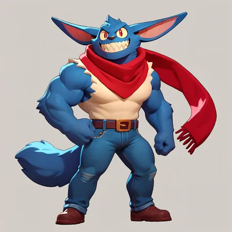 full body view of a muscular, colossal monster, dark blue fur, long ears, sharp teeth, smiling, dressed in jeans and a red scarf