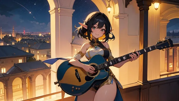 Anime Style,night,Detailed background,Magical World,A lively balcony with many people,A beautiful elf bard with black hair and a smile,guitar,Large Breasts,Healthy thighs,Underarm