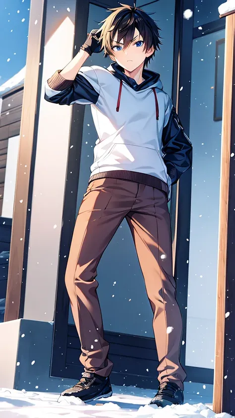 anime,A teenage boy dynamic pose in the cold snow,Serious anime, serious face, walking in the snow