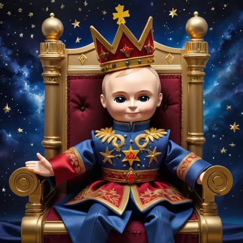 (knitted toy voodoo doll:1.8), (Voodoo Vladimir Putin:1.5), (on the throne:1.3), (Clothing: royal attire with royal insignia, flowing cape:1.0), (Accessories: crown, scepter:1.2), (background: luxurious room full of riches, Russian coat of arms prominently...