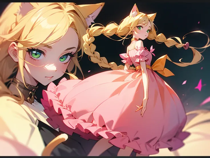 Girl, green eyes, blonde braids, pink drees, with peaches, cat ears and tail