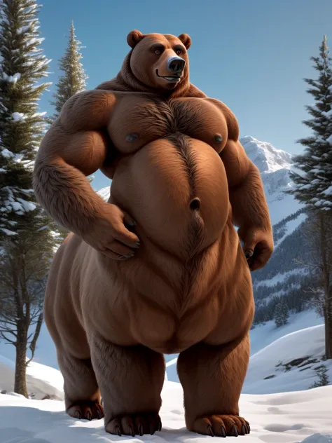 furry, fur taur, beartaur, middle-age, solo, detailed face, bear ears, bear eyes(brown), bear nose(black), bear mouth, garibaldi beard(grey), mature hair(grey), detailed arms, thick arms, muscular, thick hands(5 fingers), detailed body belly, thick body, m...