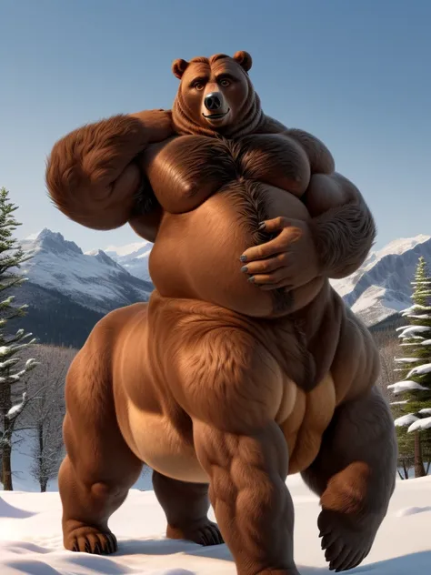 furry, fur taur, beartaur, middle-age, solo, detailed face, bear ears, bear eyes(brown), bear nose(black), bear mouth, garibaldi beard(grey), mature hair(grey), detailed arms, thick arms, muscular, thick hands(5 fingers), detailed body belly, thick body, m...