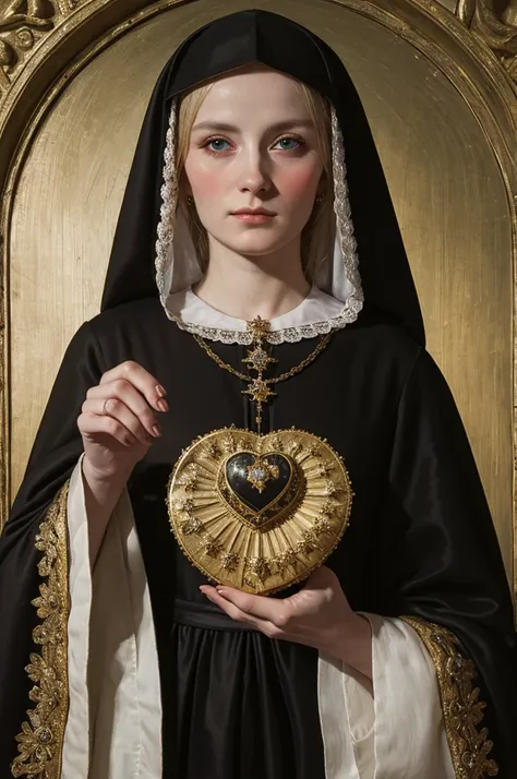 woman pretty, blonde , holding a heart, portrait gracious saint, majestic black veil woman, by francisco de holanda, by francisc...