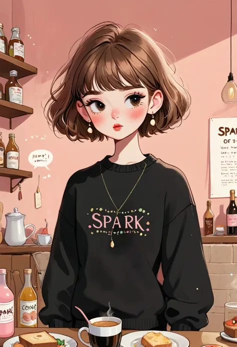 masterpiece, Best quality cute doodles, 1 Girl, Solitary, short hair, food, Jewelry, earrings, Long sleeve, black shirt, Bangs, bottle, shirt, sweater, blush, Brown hair, background, English text, spark, cup
