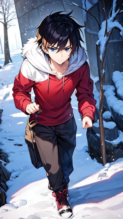 anime,A teenage boy dynamic pose in the cold snow,Serious anime, serious face, walking in the snow,Cave, blood,