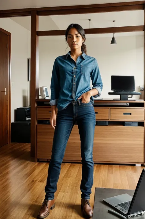 Image: A wide shot of you standing confidently in front of a desk with a laptop, emphasizing the serious tone.