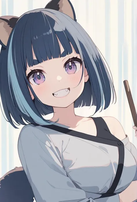 anime,(pale colors:1.8),long shot, 1girl, (on right:1.3), solo, cat mouth, dynamic angle, holding stick, grin, fang,  blue hair, bobcut, straight hair, racoon ears, racoon tail, (brown streaked hair:1.3), (blunt bangs) ,thick eyebrows, big breast, off shou...