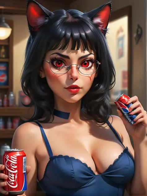 (1 mature woman beautiful detailed eyes, beautiful detailed lips, Alone, bra underneath dress, no cleavage, covered chest, shoulders covered, perfect anatomy, large red eyes, long black hair, cat ears, rendered eyes, detailed eyes, alluring, nice hands, pe...