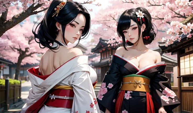 Black hair geisha hairstyle adult women，kimono，Off-shoulder，cleavage，Bare Legs，Japanese Street，Cherry blossoms