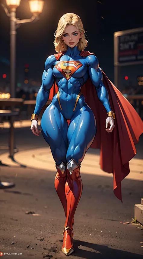 (Muscular:1.7), (thick thighs:1.4),
blonde female, supergirl, big smile,
earrings, lipstick, eyeshadow,
small breasts,
(full body suit, bodysuit:1.6), small cape
looking at viewer, three quarter view, upper body view,
flying, in midair, rim lighting, two t...