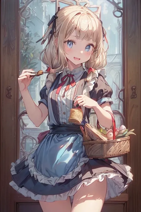 (perky chest:1.2), (pointed chest:1.2),(((Black Tunic:1.3))),(((cakes and bread in the basket),Cute and beautiful girl,Cute round face,Cute smile,with blush cheeks,Red Lip,a girl 22 years old, nsfw:1.2, beautiful body:1.3), shinny skin, BREAK, ((alice in t...