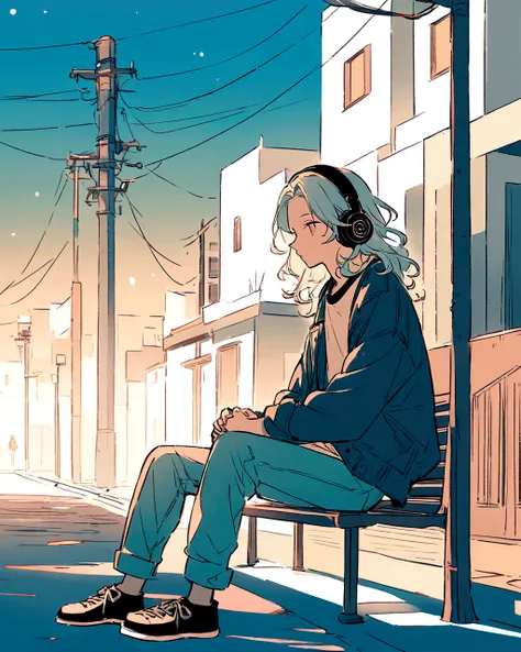 An anime-style illustration of a boy sitting on a bench in an urban setting. He has long, wavy light hair and wears headphones. He is dressed in a casual outfit with a loose-fitting coat over a dark shirt or outfit. The background features a street with bu...