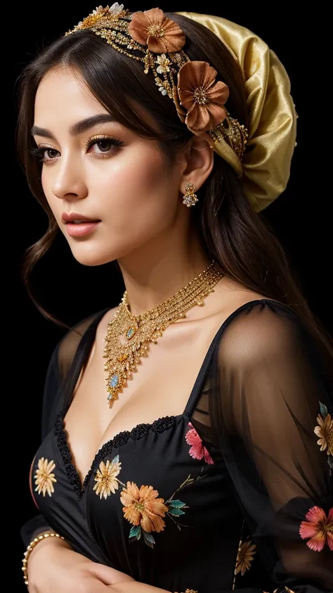 Arafe woman wearing hijab and necklace, complex set, Bejeweled, Wearing bra, Exquisite Jewelry, with Intricate details, Elaborate costumes, Wearing elegant jewelry, Intricate details. from the front, Black Jewelry, Jewelry made with attention to detail, hi...