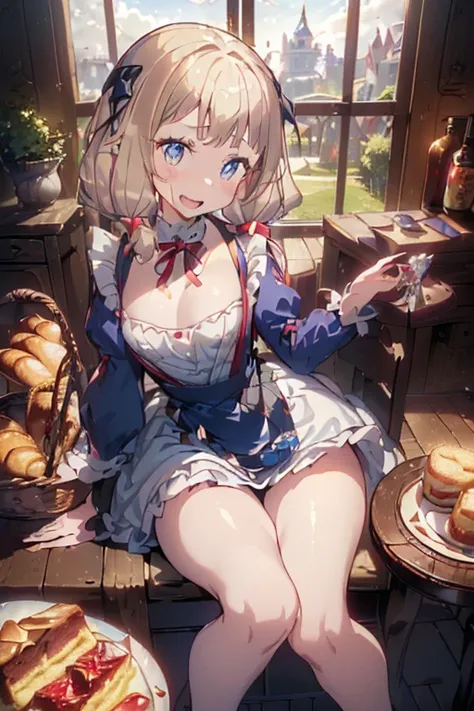 (perky chest:1.2), (pointed chest:1.2),(((Black Tunic:1.3))),(((cakes and bread in the basket),Cute and beautiful girl,Cute round face,Cute smile,with blush cheeks,Red Lip,a girl 22 years old, nsfw:1.2, beautiful body:1.3), shinny skin, BREAK, ((alice in t...