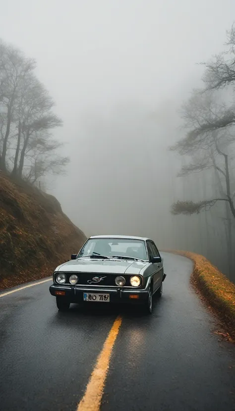 a car moving slowly on a winding road, surrounded by fog.