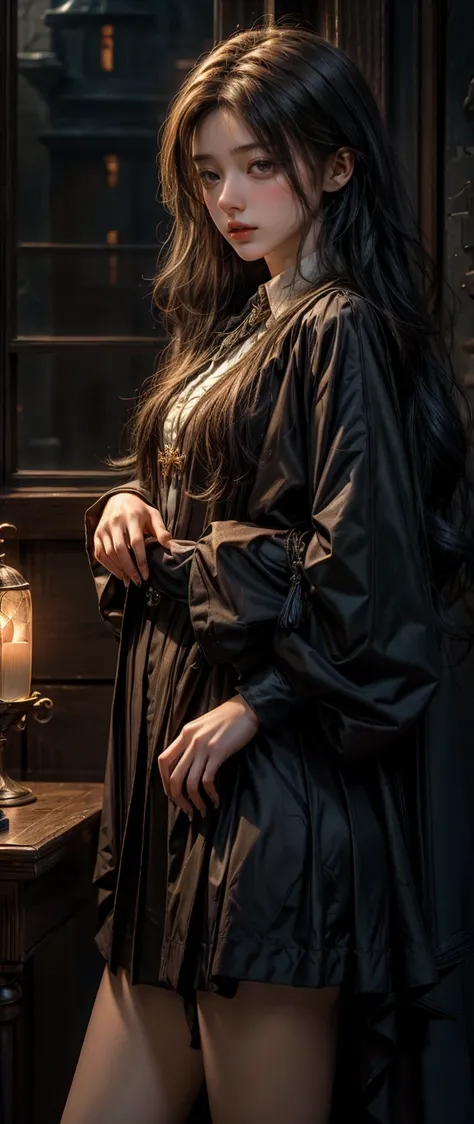 Highest quality, Highest picture quality, high resolution, realistic, 8K, Highly detailed,In a small dark medieval room, long golden hair, blue witch school uniform