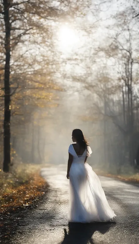 The blurred silhouette of a woman in a white dress appears on the side of the road.