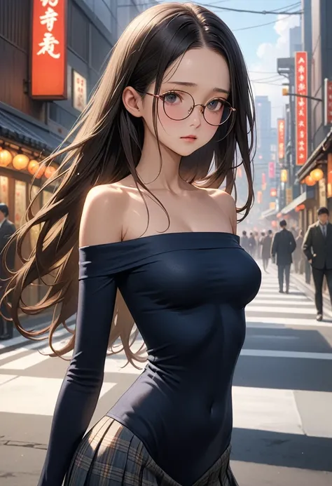 ((masterpiece,Highest quality:1.3,best illustration,realistic)),1woman、独奏,20 year old Japanese beauty,((very small head:1.3)),center parted bangs,forehead,black hair,long hair,black eyes,gorgeous eyes,Black-rimmed glasses、shy,medium breasts,((very long bod...