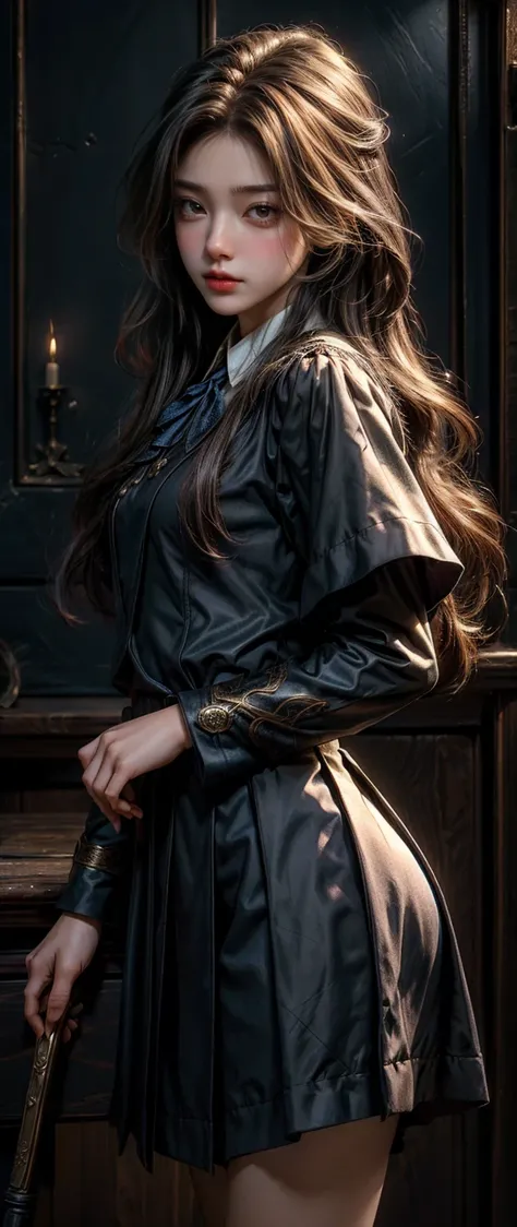 Highest quality, Highest picture quality, high resolution, realistic, 8K, Highly detailed,In a small dark medieval room, blue witch school uniform, long golden hair