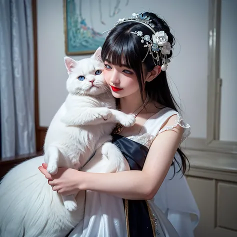 A gray-haired girl with very white skin and very red lips, wearing a white dress with blue embroidery, who is hugging a white Persian cat with black spots.