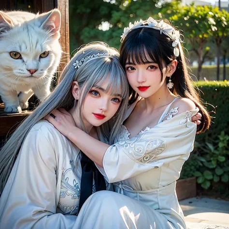 A gray-haired girl with very white skin and very red lips, wearing a white dress with blue embroidery, who is hugging a white Persian cat with black spots.