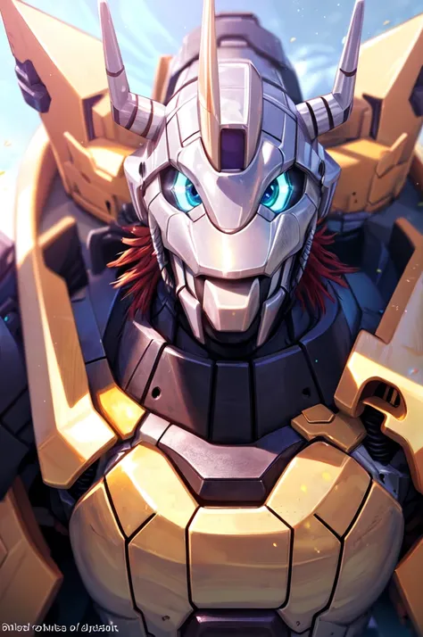 Masterpieces,official art,anthro,male,(wargreymon:1.2),Delicate face,Delicate eyes,helmet, armor, horn, digimon, upper body, depth of field, perfect lighting, light particles,(best quality),(masterpiece),(ultra detailed),sharp focus,light particles 