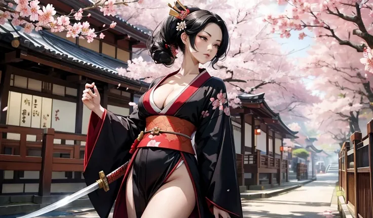 Black hair geisha hairstyle adult women，kimono，cleavage，Bare Legs，Japanese Street，Samurai sword，Cherry blossoms