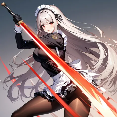 (masterpiece),(Highest quality),(Super detailed),(Best illustrations),(so beautiful), so beautiful長い脚,Silver Hair, Red eyes, Very long hair, pantyhose, Maid, headdress, apron, mini skirt, holding weapon, huge sword, slashing