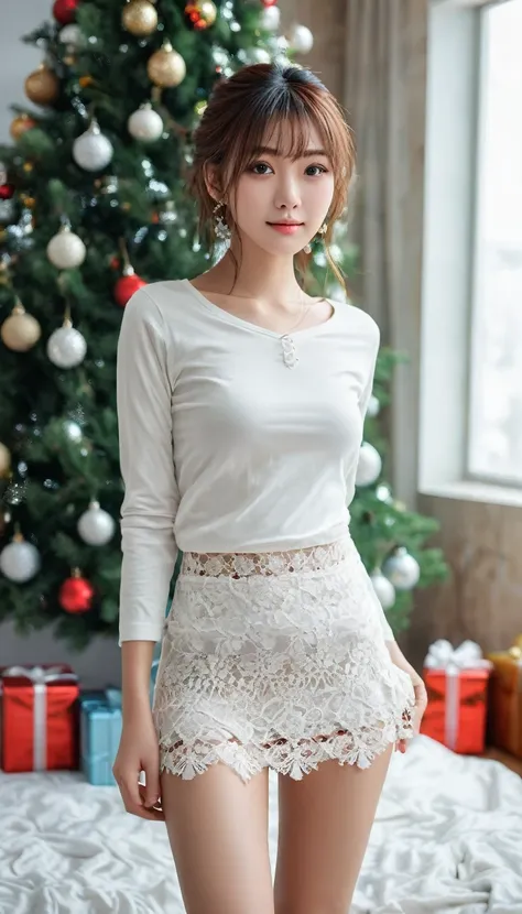 (v long neck lace t-shirt, lace mini-skirt), (Christmas, Christmas Ornaments, Christmas tree), Indoor, ( lace panties:1.2), depth of fields, (View from below:1.3),(Twin-japanese:1.2), (Backwards:1.4), Looking back, (extremely detailed beautiful face), Amaz...