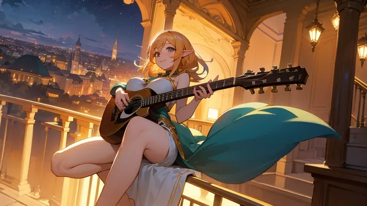 Anime Style,night,Detailed background,Magical World,A lively balcony with many people,Smiling bard beautiful elf girl,guitar,Large Breasts,Healthy thighs,Underarm,Barefoot